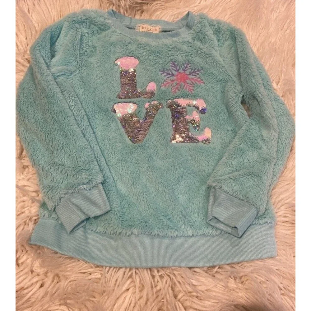 Btween brand girls size 10 fuzzy blue winter snowflake sweater with sequins